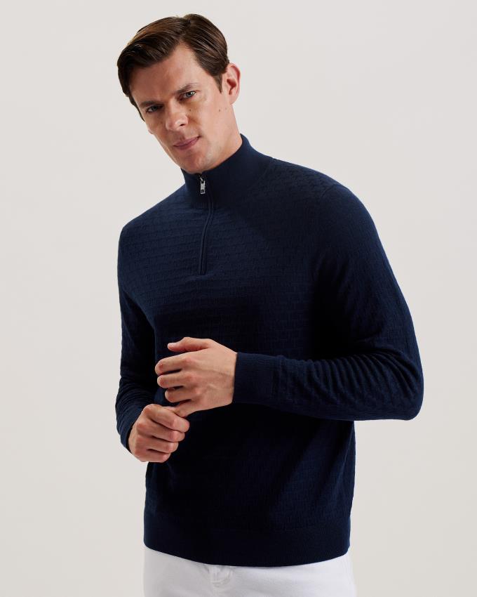 Pull Ted Baker Textured Knit Funnel Neck Bleu Marine Homme | BMA-65116461